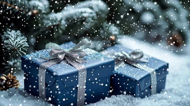 Two blue boxes with silver ribbons on top. One is on the left and the other is on the right