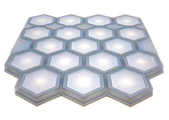 Illuminated hexagonal grid of light panels on a white background honeycomb pattern isolated on a transparent background