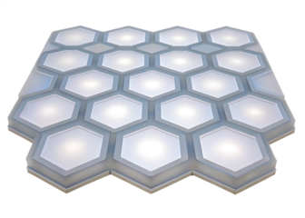 Illuminated hexagonal grid of light panels on a white background honeycomb pattern isolated on a transparent background