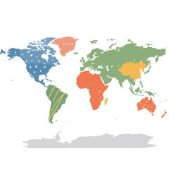 An abstract world map, rendered as a clean 2D flat vector illustration, depicts stylized continents spread across a pristine white background, perfect for global concepts.
