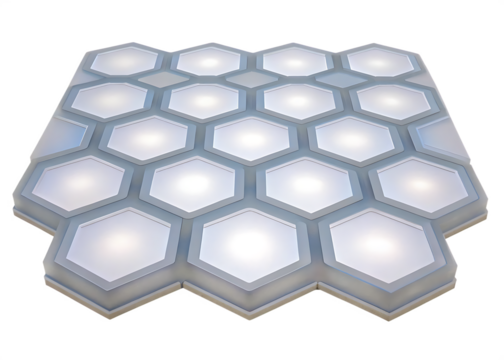Illuminated hexagonal grid of light panels on a white background honeycomb pattern isolated on a transparent background
