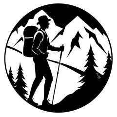 Hiker silhouette against mountain landscape in circle
