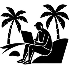 Man with laptop on tropical beach with palm trees vector