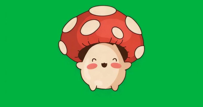 On start cartoon mushroom bobbing with cap tilt pulsing for breath on transparent background