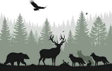 Forest wildlife silhouettes, bear, deer, fox, wolf, birds, trees, nature illustration
