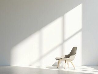 Minimalist composition of a single modern chair placed near a blank wall, strong sunlight casting sharp geometric shadows, high-contrast abstract style, ultra-realistic 4K.