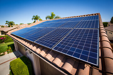Modern residential rooftop solar panels installed on a tiled roof under a clear blue sky