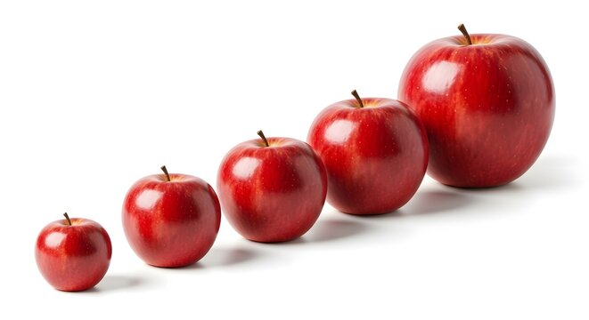 Red apples in varying sizes arranged in a line on white background  