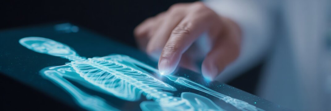 Doctor woman examining a glowing 3D skeleton medical image on a futuristic tablet. Modern medical technology and healthcare system concept for diagnosis.