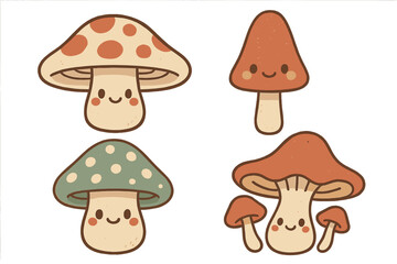 Set of cute cartoon mushroom characters with happy smiling faces. Kawaii woodland fungi in cozy retro colors. Autumn forest vector illustration for kids, sticker design.