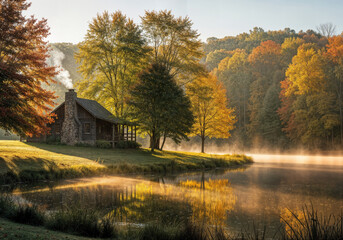 Cabin by Lake with Autumn Foliage