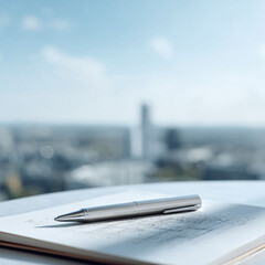 Sleek metal pen rests on a notebook, cityscape background. Represents creativity, design, planning, writing. Ideal for business, architecture, and creative projects.