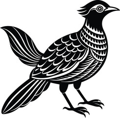 black stylized bird with patterned wings, artistic animal design.