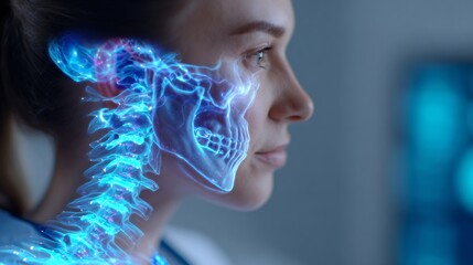 Woman with digital glowing skull and spine X-ray scan. Advanced medical imaging for diagnostics and healthcare technology.