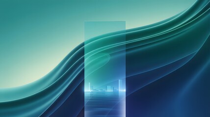 Abstract flowing waves of teal and deep blue with a vertical translucent panel