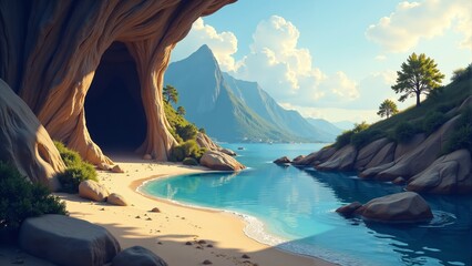 Serenity found at hidden caves beside a tranquil turquoise lagoon surrounded by lush mountains on a sunny day