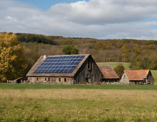 Obraz premium Rustic Farm Barn with Solar Panels on Roof – Sustainable Energy in Rural Countryside