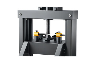 Industrial hydraulic press machine with threaded rod and yellow components equipment isolated on a transparent background