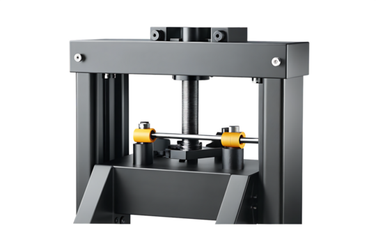 Industrial hydraulic press machine with threaded rod and yellow components equipment isolated on a transparent background