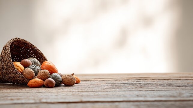 Bountiful harvest of nuts and mini pumpkins overflowing from a woven cornucopia on a rustic wooden table, autumnal Thanksgiving still life