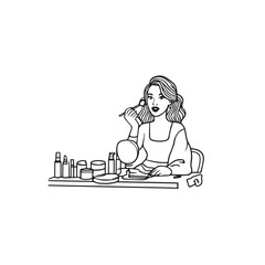 Black and white line art of a beautiful woman doing makeup at dressing table with mirror illustration