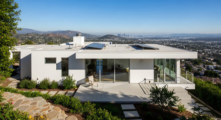 Modern white hillside home with solar panels and expansive city views under a clear blue sky