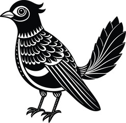 bBlack decorative bird with fanned tail, detailed traditional illustration.