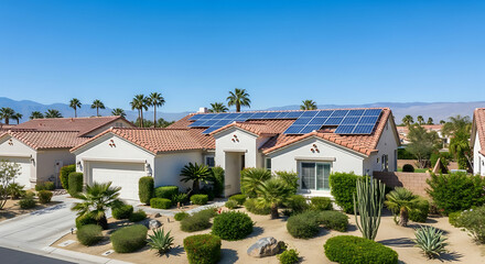 Modern suburban home with solar panels on the roof and desert landscaping under a clear blue sky