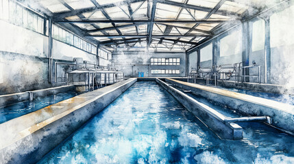 Fototapeta premium Watercolor Illustration of a Modern Spacious Wastewater Treatment Facility