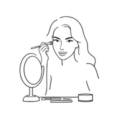 Black and white line art of a beautiful woman doing makeup at dressing table with mirror illustration