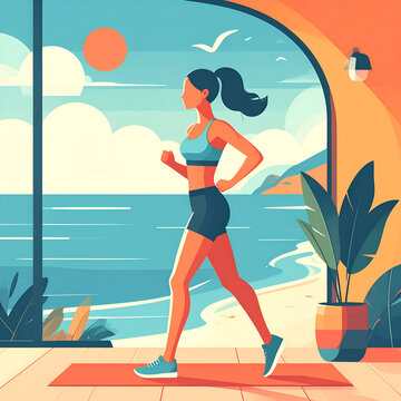 Woman jogging near the beach, enjoying the sunny weather and exercise.