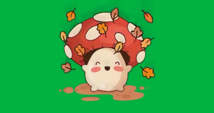Leaf drifting on clear backdrop causing mushroom creature hopping and dancing with autumn leaves