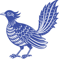 blue bird illustration with decorative feathery tail and ornate details.