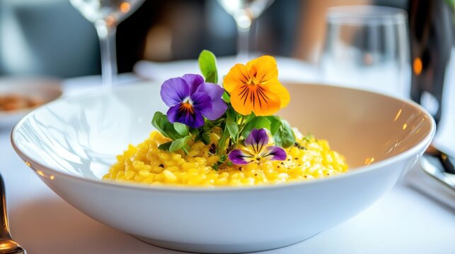 A five-star restaurant dish featuring saffron-infused risotto with edible flowers