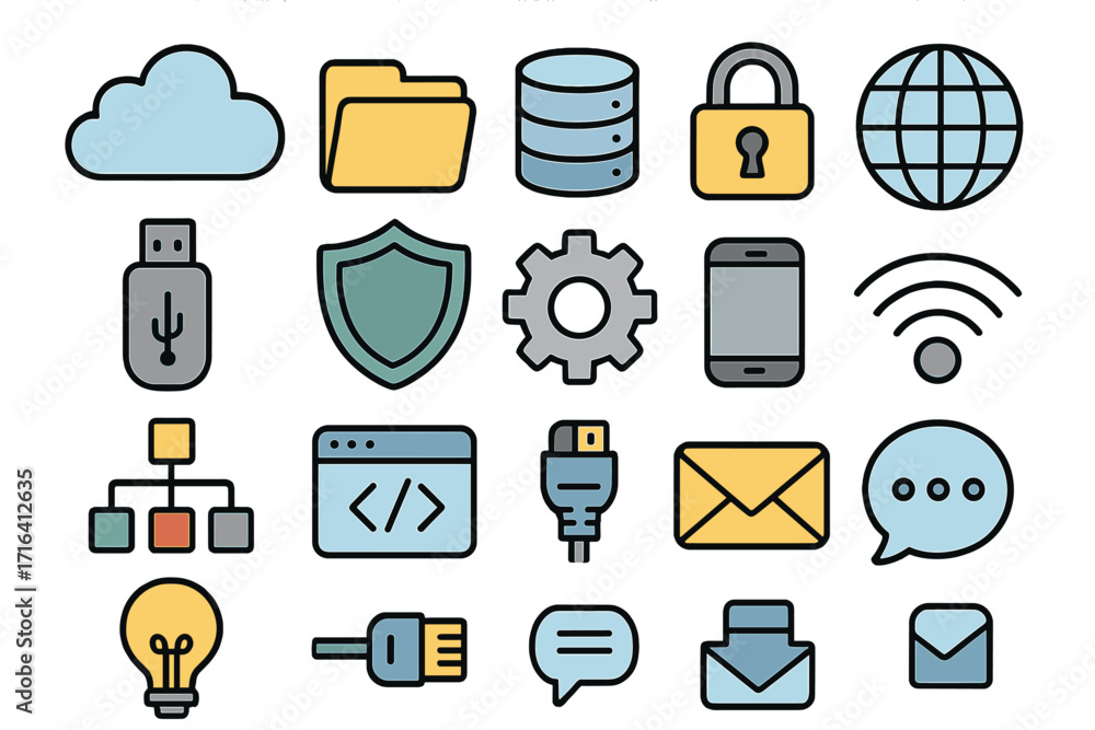 Aufkleber technology icon set. data security, communication, cloud computing concepts. vector doodle of databa