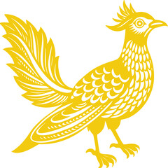 yellow decorative bird illustration with elegant feathery tail design.