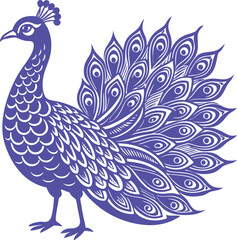 blue peacock illustration with elaborate feather tail, ornamental art.