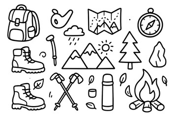 Doodle mountain adventure icons set. Hiking gear, camping equipment, and nature elements in black and white. Vector cartoon illustration for outdoor travel, trekking & survival.