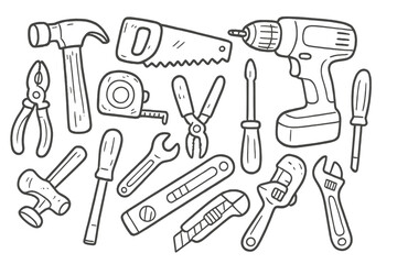 Hand-drawn workshop tools set. Doodle cartoon vector illustration of repair, construction and DIY equipment. Collection of icons like hammer, saw, drill, screwdriver, wrench.