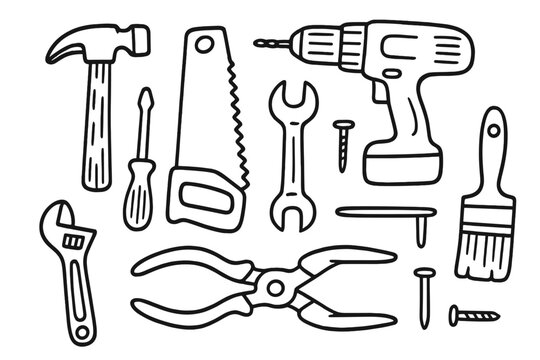 Workshop tools set hand-drawn in doodle style. Vector cartoon illustration of hammer, saw, drill, wrench. Repair and construction equipment icons for DIY projects.