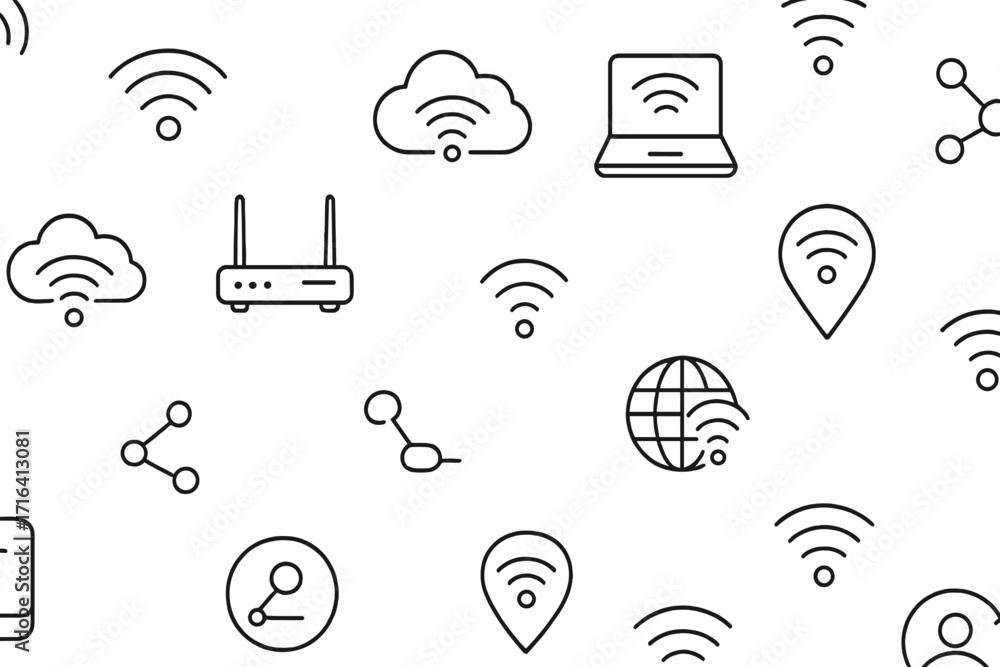Poster seamless pattern wifi and network icons. wireless technology connection background. vector line art 
