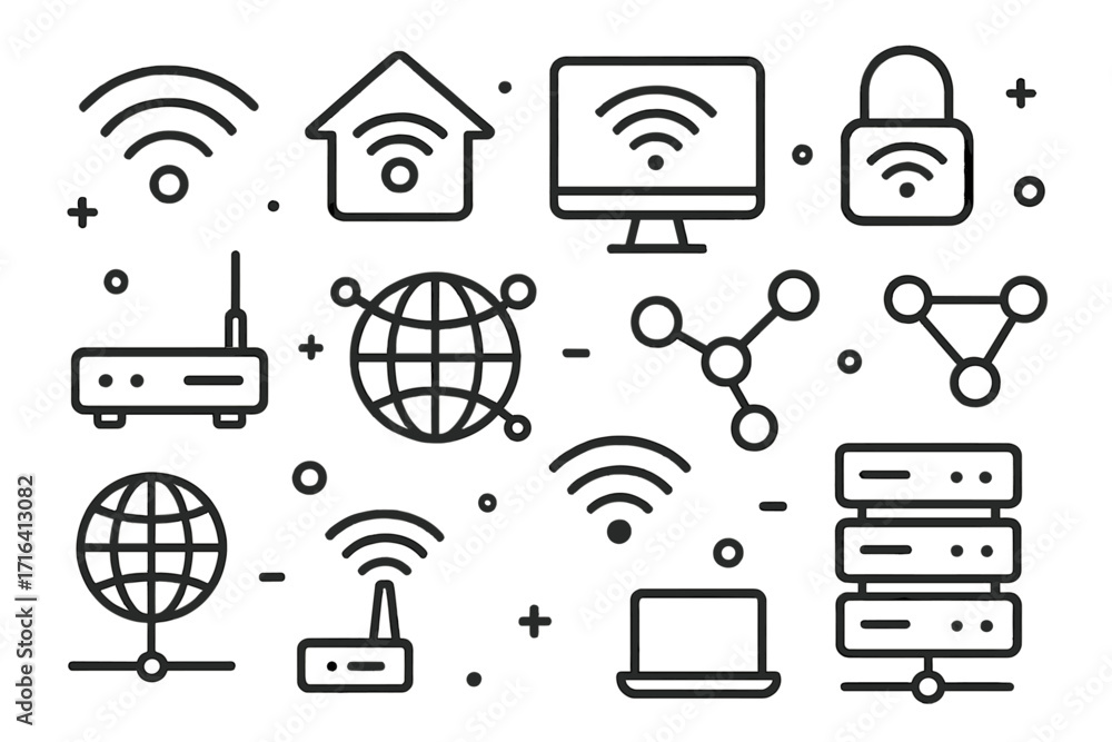 Poster wifi and internet network icon set. collection of linear icons for wireless technology, data server,