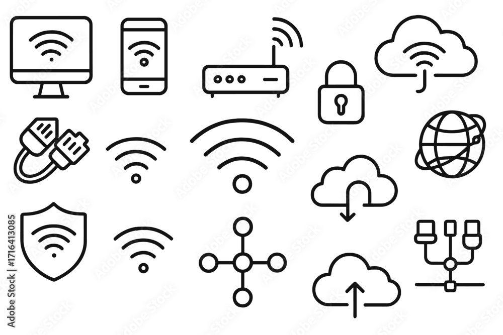 Poster wifi network line icon set. internet connection technology symbol collection. wireless communication