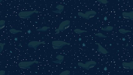 Whales gracefully swim through a cosmic ocean under a starlit night in this whimsical and imaginative pattern design
