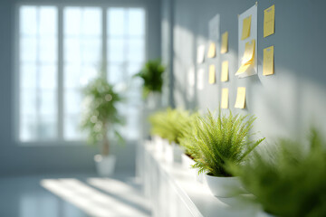 cozy office corner featuring bulletin board filled with colorful notes and blurred white text bars