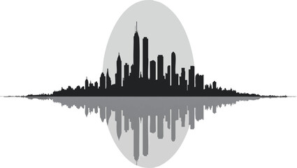 City skyline silhouette within a circle, audio wave below white background.