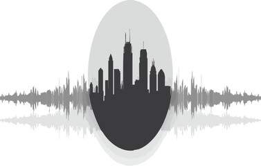 City skyline silhouette within a circle, audio wave below white background.