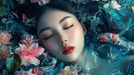 A serene woman, flowers, and fish