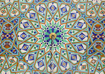 Detail of fountain with symmetrical Islamic - Arabesque style glazed wall tiles. Casablanca, Morocco.