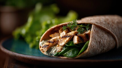 A delicious chicken wrap filled with fresh greens and herbs, presented on a rustic plate, showcasing a healthy and appetizing meal option.